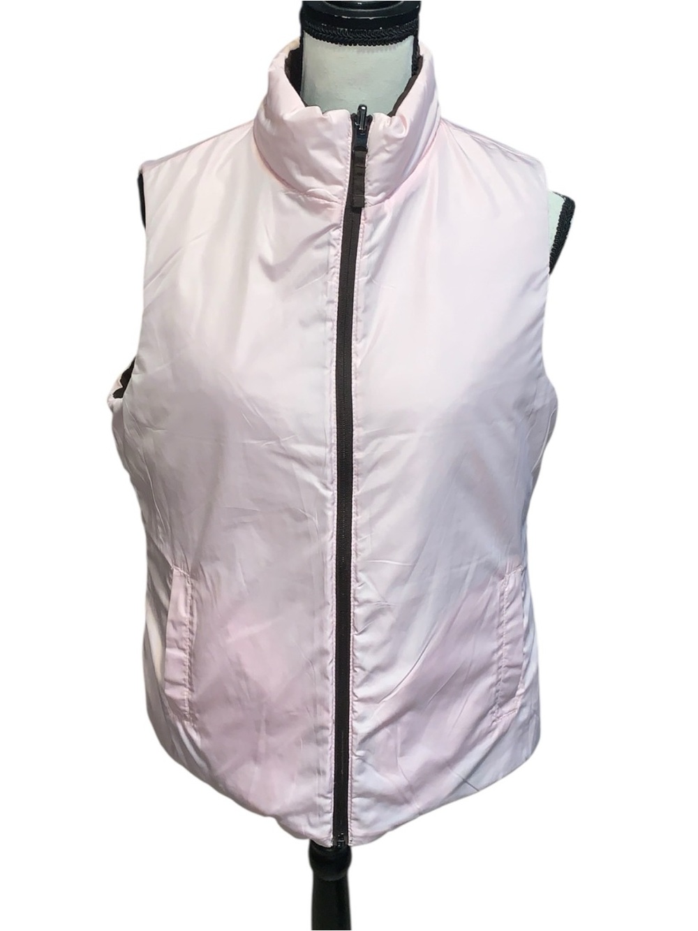Merona Women's Chocolate Brown/Pink Reversable Zip Front Puffer Vest Sz L